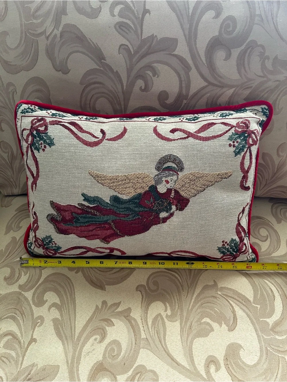 Needlepoint Tapestry Angel Christmas Throw Pillow Holiday Home Decor Holly Red